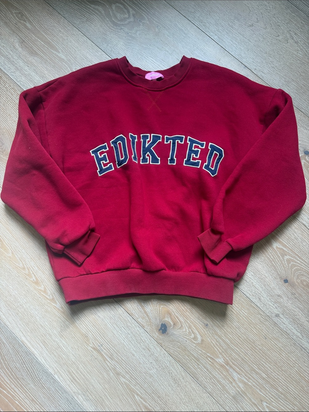 Edikted Red/Burgundy Crewneck Sweatshirt with Navy Trim Lettering